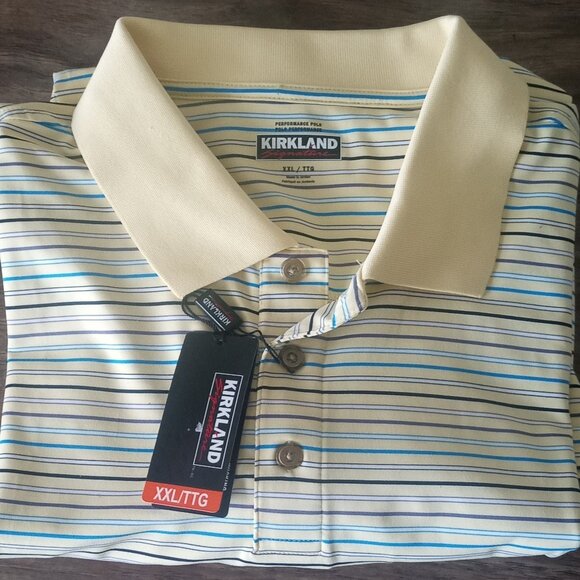 Kirkland Signature Men's Performance Polo Shirt Polyester Yellow W/Striped Blue - Picture 1 of 4